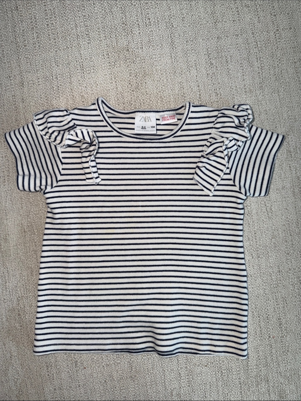 Zara White & Navy Striped Ruffle Sleeve Tee